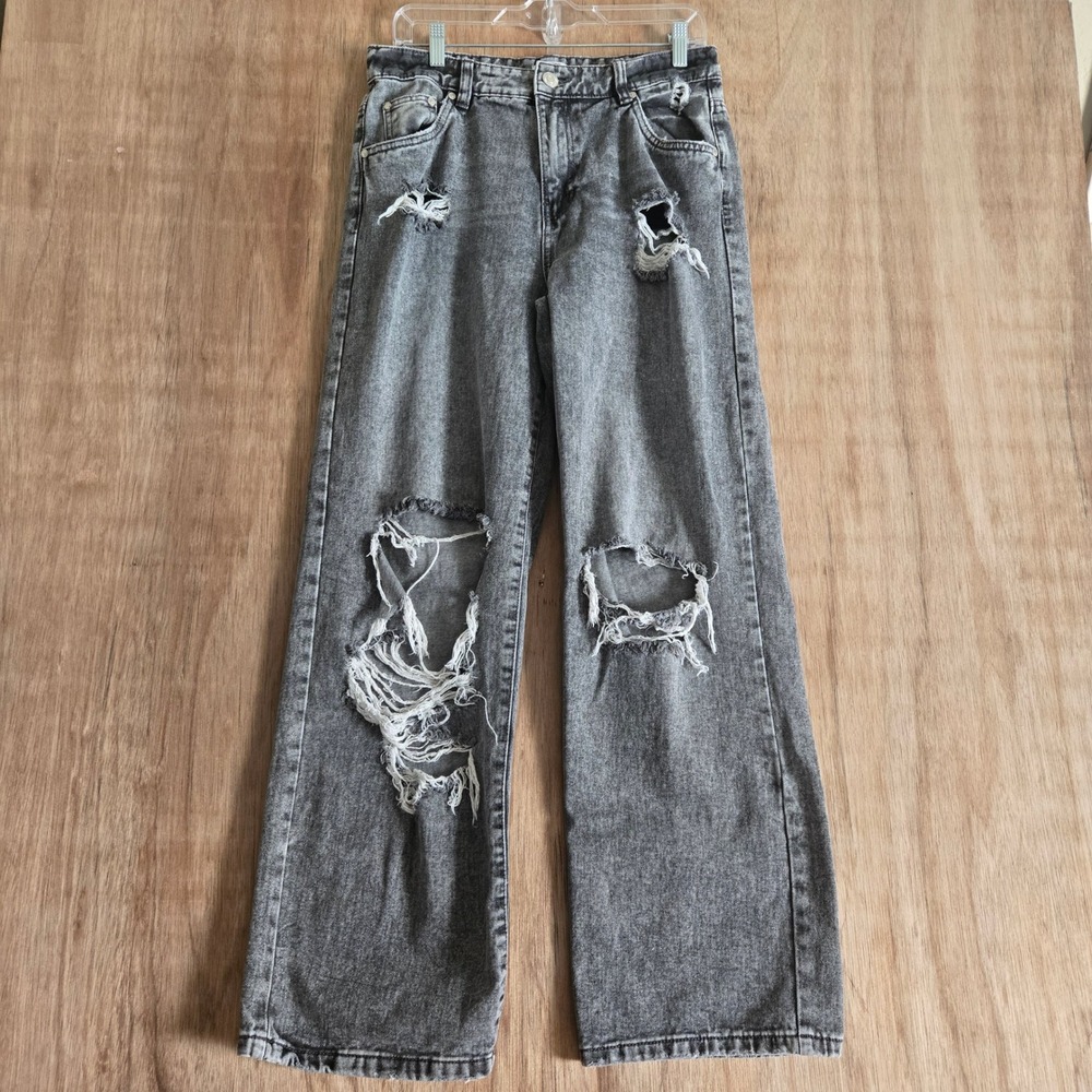 High Rise Wide Leg Distressed Grey Acid Wash Jeans Women's Size 07 Refuge Denim